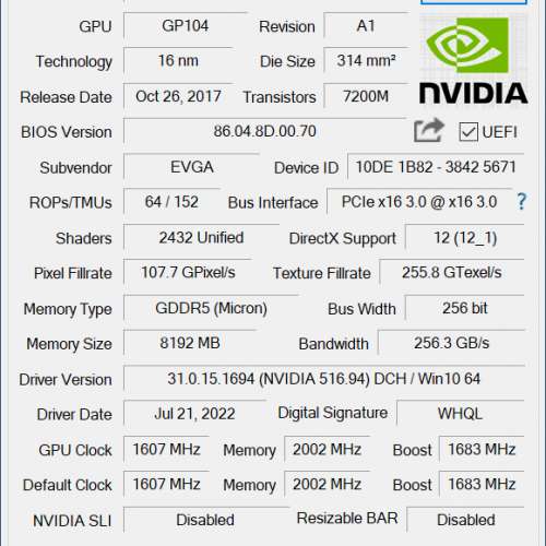 EVGA 1070Ti 8GB DDR5 ( 評測 1070 TI = RTX2060= RX 5700, 同等級)不議價