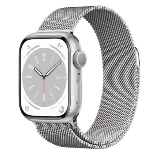 Apple Watch Series 8 (GPS)；41 毫米銀色鋁金屬錶殼；銀色鋼織手環