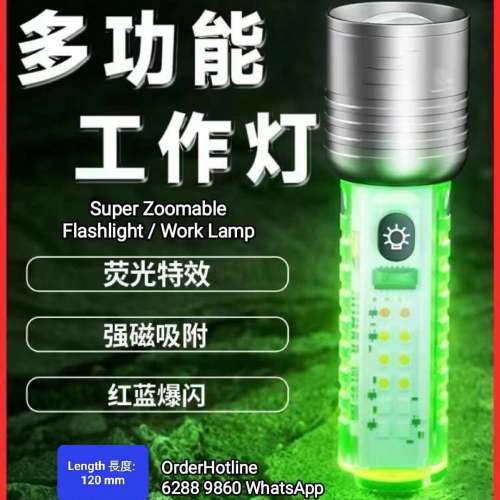 多功能強光可變焦距手電筒+工作灯 USB-C直接充電。底部強磁。側燈含紫外光LED。Zoo...