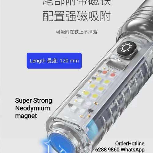 多功能強光可變焦距手電筒+工作灯 USB-C直接充電。底部強磁。側燈含紫外光LED。Zoo...