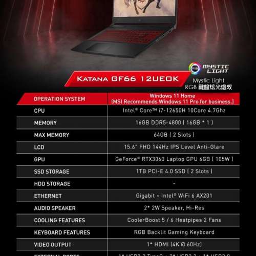 放全新未開 MSI 微星 Katana GF66 12UEOK 電競 手提電腦 gaming laptop notebook