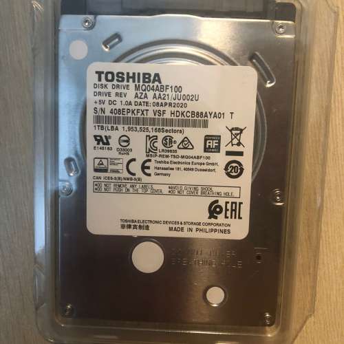 2.5 1TB HDD  (只用了45小時) (Toshiba MQ04ABF100)