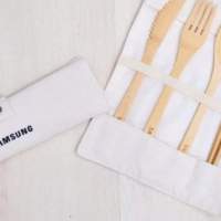 全新 Samsung 三星環保竹製餐具連麻布套裝 筷子 匙羹 刀 叉 Chopstick Spoon Knife...