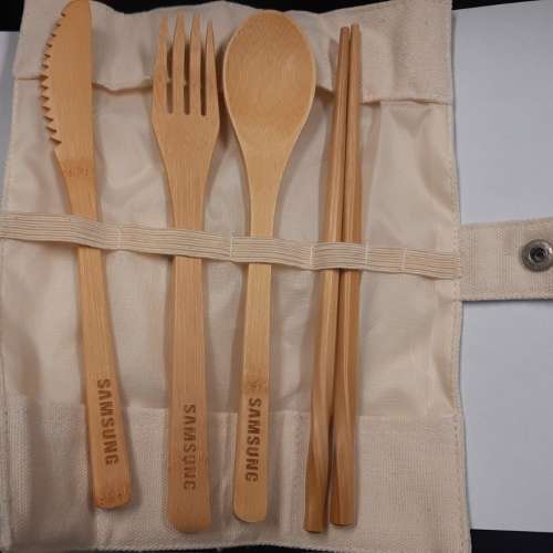全新 Samsung 三星環保竹製餐具連麻布套裝 筷子 匙羹 刀 叉 Chopstick Spoon Knife...
