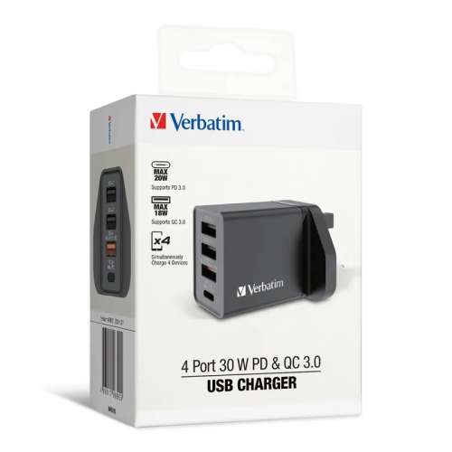 全新香港行貨 Verbatim 4 port 30W PD & QC 3.0 USB Charger 快速充電器