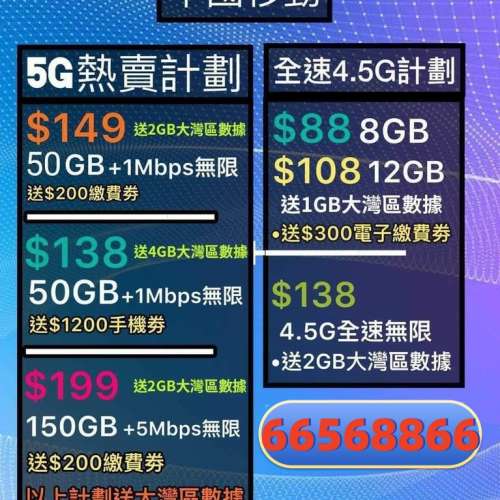 ☎️轉台續約新號碼☎️中國移動☎️特別回贈☎️