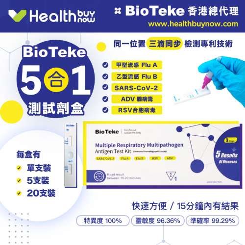 Bioteke 新冠病毒/甲型及乙型流感快抗原檢測試劑盒/呼吸 道 融合病毒(RSV) (5合一) ...