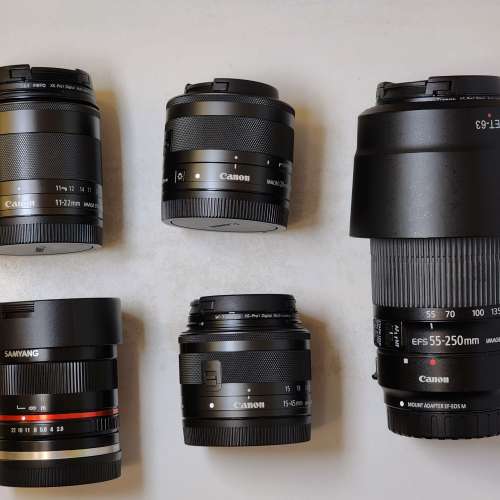 Canon M6 body + EF-M Lens (22mm, 11-22mm, 15-45mm, 28mm macro, 8mm fisheye) + EF