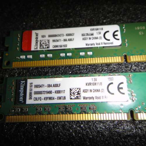 Desktop Ram Kingston 8Gx2 共16GB  DDR3 1600 矮身 雙面