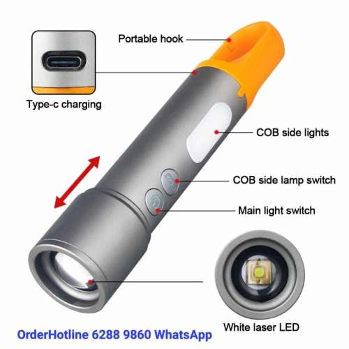 可變焦白激光電筒+側燈.近距照明/遠射皆宜.USB直接充電.配件多. Flashlight Torch ...