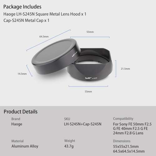 Haoge LH-S245N Bayonet Square Metal Lens Hood For SONY FE 方形遮光罩