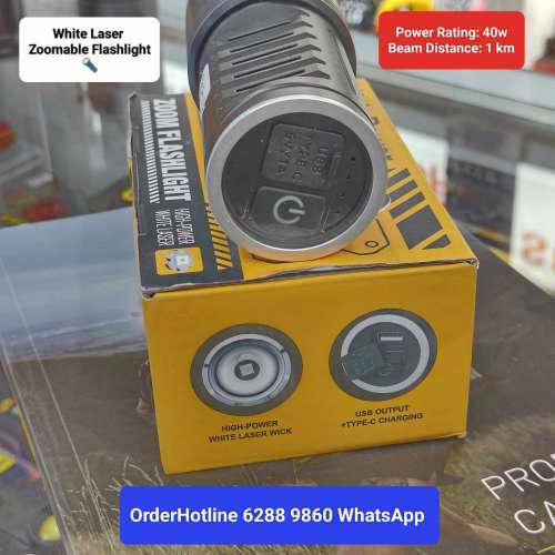 White Laser Zoomable Flashlight.40w. li-ion cell built-in.