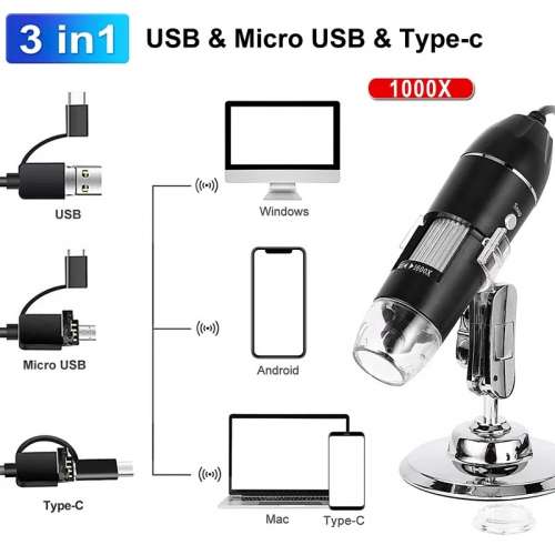 3 IN 1 HD USB Digital Microscope With Stand 電子顯微鏡 (500x、1000x、1600x)