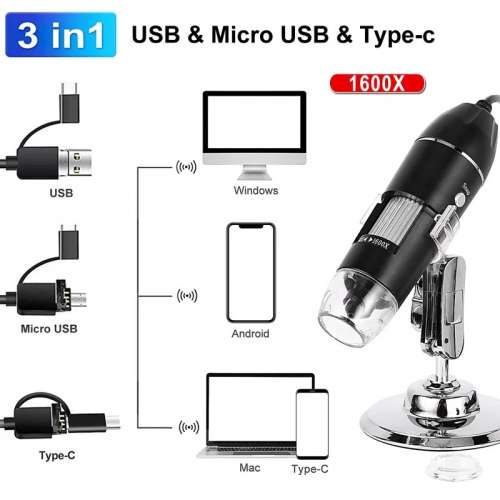 3 IN 1 HD USB Digital Microscope With Stand 電子顯微鏡 (500x、1000x、1600x)