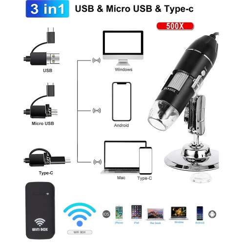 3 IN 1 HD USB Digital Microscope With Stand 電子顯微鏡 (500x、1000x、1600x)