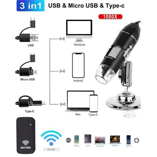 3 IN 1 HD USB Digital Microscope With Stand 電子顯微鏡 (500x、1000x、1600x)