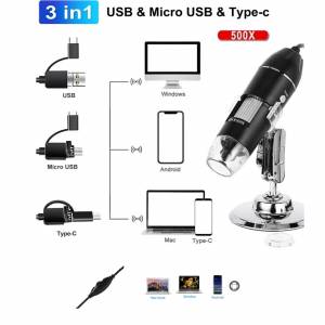 3 IN 1 HD USB Digital Microscope With Stand 電子顯微鏡 (可調光暗) - 500x、100...