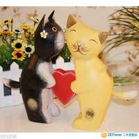 全新原木情侶抱心貓 動物擺件 裝飾擺件 家居擺件 工藝品