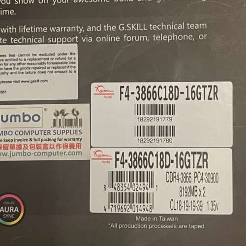 DDR4 3866mhz CL18 2x8 Trident Z RGB