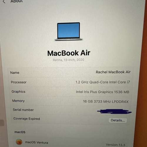 MacBook Air 2020 i7, 16G Ram, 1TB