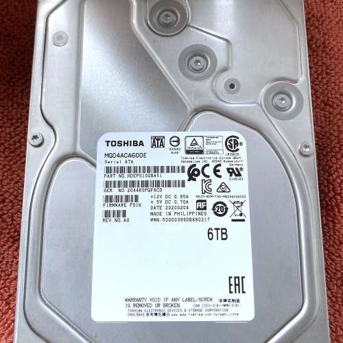新淨行貨 Toshiba 6TB SATA III 7200轉 128mb Cache 3.5" 企業級硬碟
