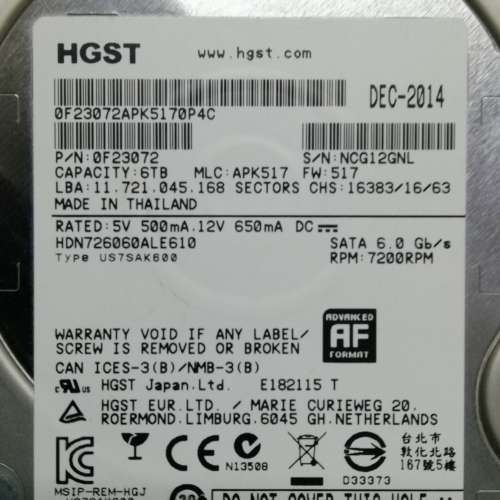 HGST 3.5吋 6TB SATA硬碟 7200RPM