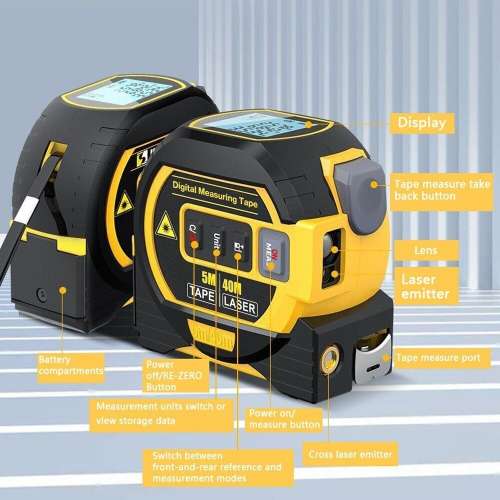Laser Rangefinder 3-in-1 w/cross-marking function, Laser Ranging + 5m Tape w/LCD