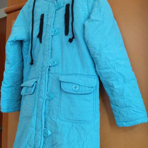 全新粉藍色長款夾棉大褸 外套 連帽保暖棉衣 大衣 上衣 長褸