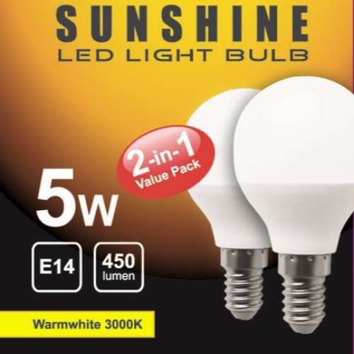 SUNSHINE 5W E14 LED Bulb LGT-5E14W-D (2in1) - Warmwhite (LED 慳電膽 2個1盒 $3...