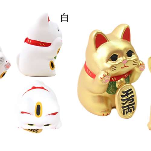 [現貨]縁起物ねこ置物人形リュウコドウ-素焼陶器金白