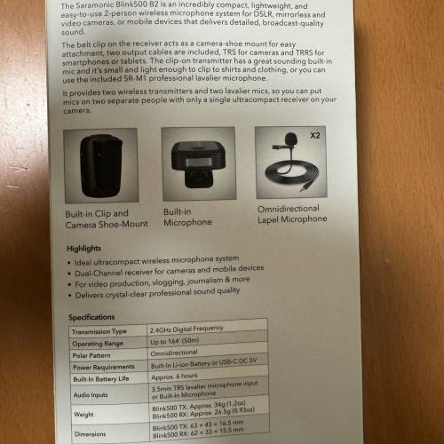 Saramonic Blink500 B2 Duel Channel Wireless 無線咪