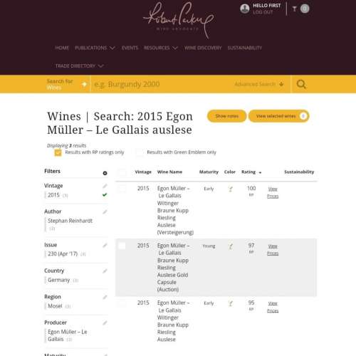 2015 Egon Muller Braune Kupp Riesling Auslese (Versteigerung) RP100滿分 拍賣會...