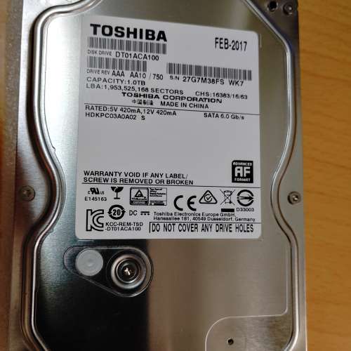 新淨時數小Toshiba DT01ACA100 1TB 7200rpm 32MB 3.5" Desktop HDD- 100%全正常