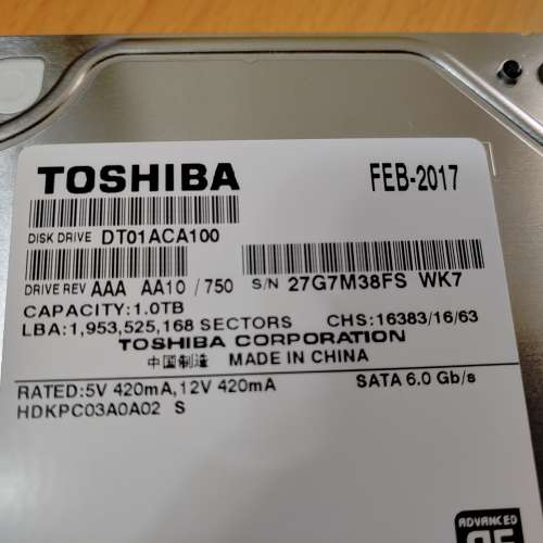 新淨時數小Toshiba DT01ACA100 1TB 7200rpm 32MB 3.5" Desktop HDD- 100%全正常