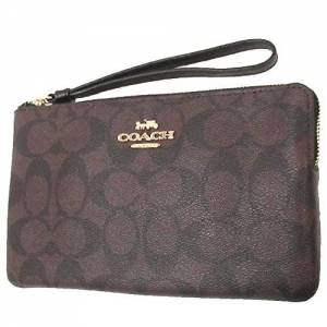Coach womens Corner Zip Wristlet In Canvas Leather Brown 拉鍊腕帶銀包 棕色