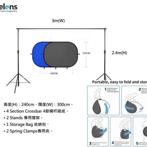 Selens 2.4m(H) X 3m(W) Studio Stand With 1.5m(W) x 2m(H) Double-Sided Backdrop