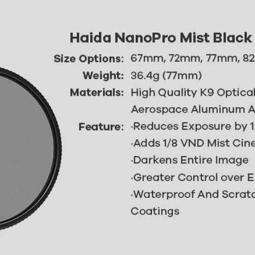 NanoPro Mist Black Variable ND Filter 1/8 黑柔焦連可調減光濾鏡 For ZEISS ZE S...