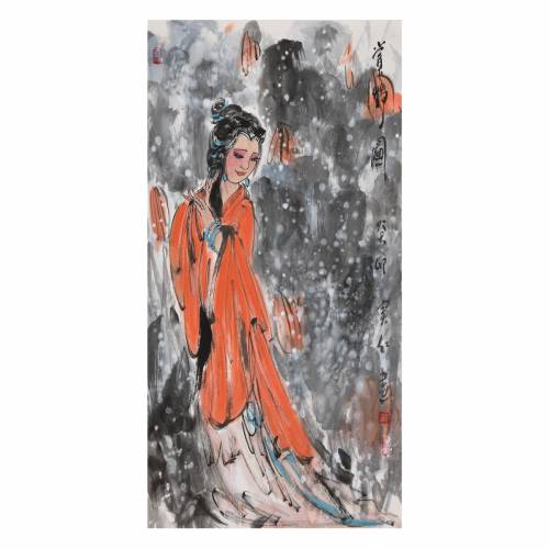 超值中美协会员窦红美女小胖妞画《赏荷图》