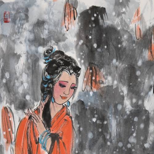 超值中美协会员窦红美女小胖妞画《赏荷图》