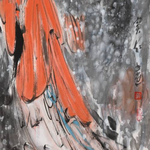 超值中美协会员窦红美女小胖妞画《赏荷图》