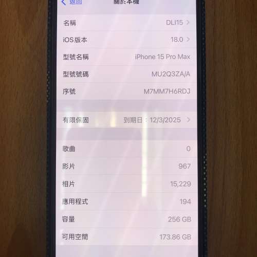 iPhone 15 Pro Max ( 原色港行 - 256G - 保養期 : 2025-March-12 - 電池效能100% )