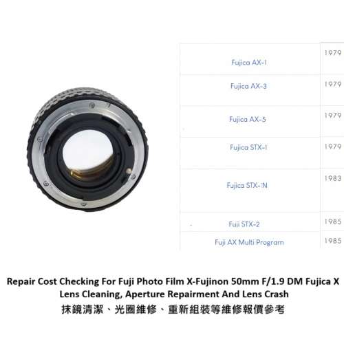 Repair Cost Checking For Fuji Photo Film X-Fujinon 50mm F/1.9 DM Fujica X