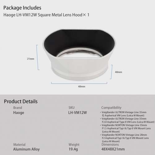 Haoge LH-VM12W Metal Lens Hood For Voigtlander 35mm f/2 ULTRON Aspherical 銀色...