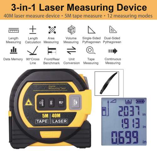 Laser Rangefinder 3-in-1 w/ cross-marking function, Laser Ranging + 5m Tape Meas