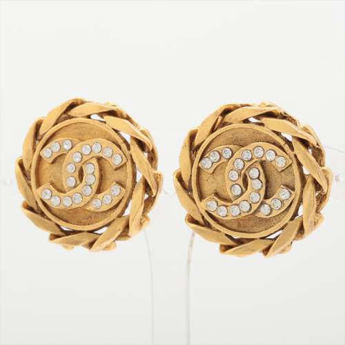 CHANEL CC clip-on earrings 金色鍊條圍圈設計圓形水鑽CC LOGO耳夾夾式耳環 原裝盒 ...