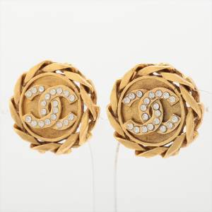 CHANEL CC clip-on earrings 金色鍊條圍圈設計圓形水鑽CC LOGO耳夾夾式耳環 原裝盒 ...