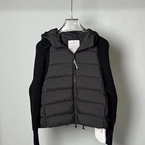 意大利高奢BC羊絨混紡針織拼接袖白鵝絨輕薄連帽拉鏈羽絨服