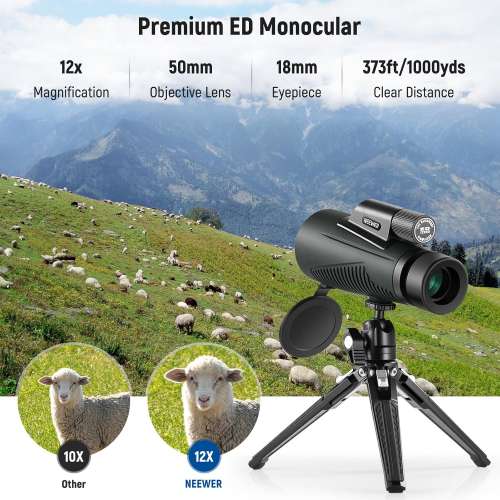 NEEWER 12x50 ED Monocular Telescope Kit with Phone Clip / Metal Tripod / Bag