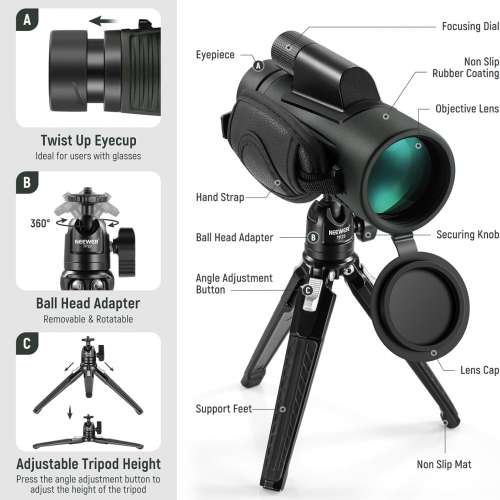 NEEWER 12x50 ED Monocular Telescope Kit with Phone Clip / Metal Tripod / Bag