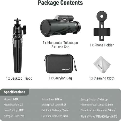 NEEWER 12x50 ED Monocular Telescope Kit with Phone Clip / Metal Tripod / Bag
